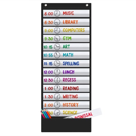 Godery; Daily Schedule Pocket Chart, 13+1 Pocket, Scheduling Pocket Chart, 18 Dry-Eraser Cards, Educational Charts for Classroom Office Home Preschool Activity (Black); Category:Pocket Charts; Image:1